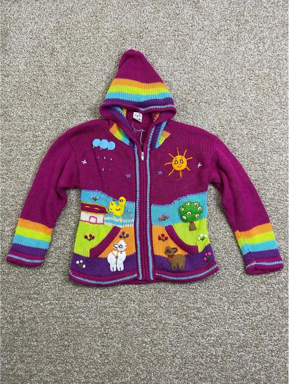 Vintage Grupo Colquetex Rainbow Knitted Patched Hooded Zip Up Sweater Sz 4 Girls